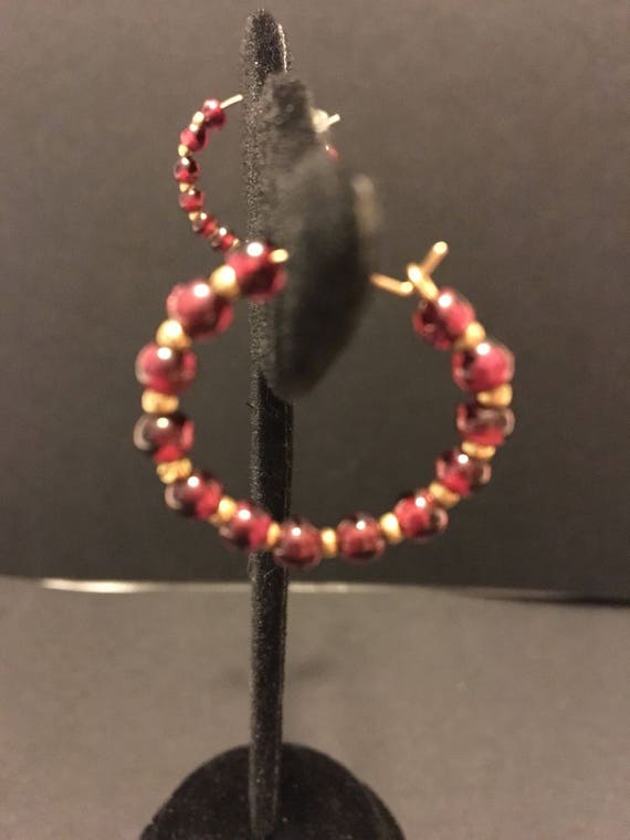 Garnet & Gold bead hoop earrings. Hoops measure 1"