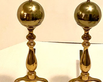 Vintage Pair of Antique Brass Cannonball Andirons, Set of 2. Shows minimal signs of age.