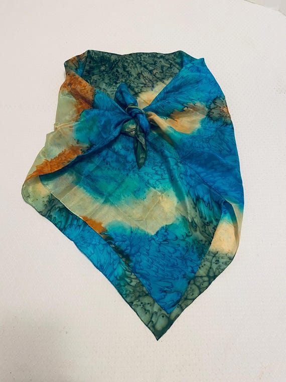 Vintage Ripples of Colors Silk Scarf. Measures approximately 35" square. Bright Bold Colors.