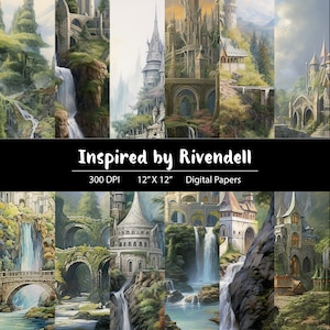 Châteaux elfiques fantastiques - Collection de paysages numériques enchanteurs - Pack de papier numérique
