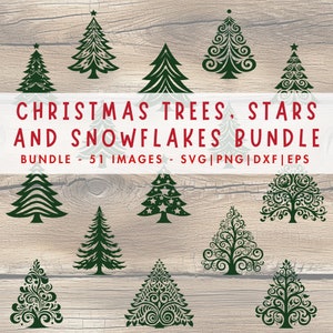 Arbre de Noël SVG, étoiles et flocons de neige - fichiers de découpe, hiver, clipart vacances, svg, png, dxf, eps