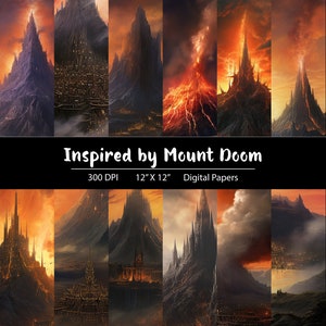May include: Eight digital papers inspired by Mount Doom from the Lord of the Rings. The papers feature a dark, volcanic landscape with a fiery glow. Each paper is 12 inches by 12 inches and 300 DPI.