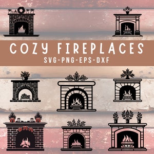 Archivos de corte, chimeneas acogedoras, svg, png, dxf, eps, imágenes prediseñadas de invierno