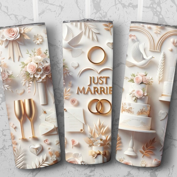 3D Wedding Themed Tumbler Wrap, Just Married, Champagne Glasses, Skinny or Tapered Tumbler, 20 oz Tumbler Wrap, Instant Download