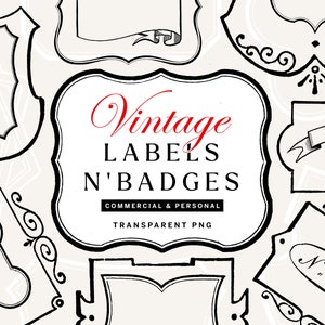 Vintage Label and Badge PNGs, Hand Drawn Shields and Frame Clipart, Transparent PNG Banners and Scrolls, Set of 40 (with fill options!)