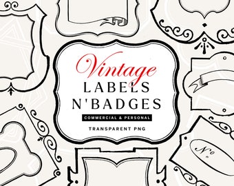 Vintage Label and Badge PNGs, Hand Drawn Shields and Frame Clipart, Transparent PNG Banners and Scrolls, Set of 40 (with fill options!)