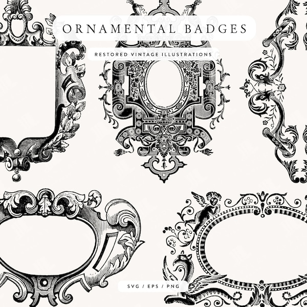 Ornamental Badge Designs in SVG, PNG, and EPS Image Formats - Downloadable Vintage Design Assets