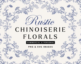 Chinoiserie Floral Clipart SVG and PNG Bundle, Vintage Botanical Illustrations for Wedding Invitations, Patterns, Branding and Packaging