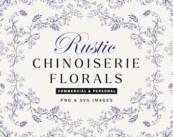 Chinoiserie Floral Clipart SVG and PNG Bundle, Vintage Botanical Illustrations for Wedding Invitations, Patterns, Branding and Packaging