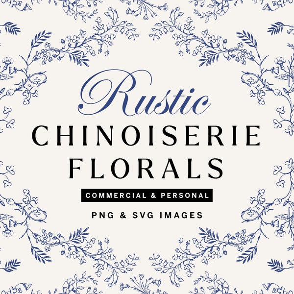 Chinoiserie Floral Clipart SVG and PNG Bundle, Vintage Botanical Illustrations for Wedding Invitations, Patterns, Branding and Packaging