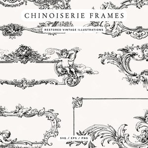 Chinoiserie Rahmen und Border SVG Clipart - Herunterladbare verzierte Vintage-Design-Assets in Vektor- und einzelnen PNG-Bildformaten
