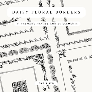 Vintage Daisy Floral Border Vector and PNG Illustration Pack - Éléments de conception faits main avec 11 bordures et 25 éléments de conception
