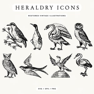 Conjunto de ilustrações de pássaros em estilo heráldico - Ótimo para ícones, logotipos e muito mais (formatos de imagem SVG, EPS e PNG)