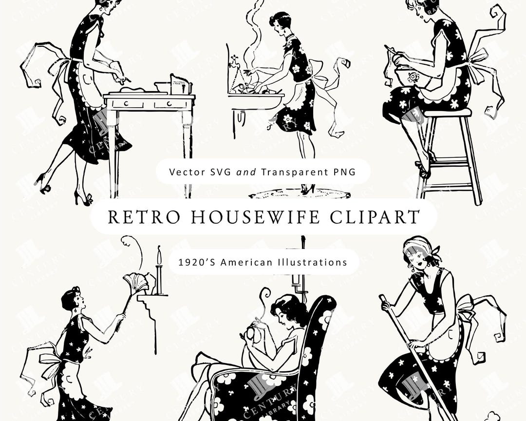 Vintage Homemaker Clipart PNG and SVG - Apron-clad Women Doing Chores ...