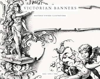 Vintage Borders and Banners Line Art Illustrations - Vector Clip Art for Invitations and Design