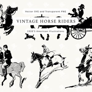 ビンテージ乗馬クリップアート - カントリークラフトやスポーツデザインプロジェクト向けの乗馬、ポロ、馬車のシルエット（PNG形式）