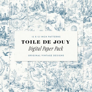 Patrones de papel digital Toile azul, gráficos de patrones vintage chinoiserie de 12 pulgadas, texturas digitales Toile de Jouy francés / Century Library
