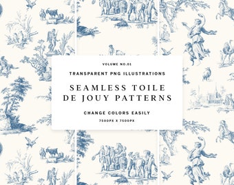 Seamless Toile De Jouy Patterns, Chinoiserie PNG Vintage Pattern Graphics, French Toile Digital Papers | Century Library