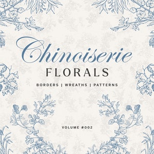 Vintage Chinoiserie Floral Clipart PNG und SVG Bundle, botanische Kränze und Ränder für Hochzeitseinladungen, Muster, Branding und Verpackung