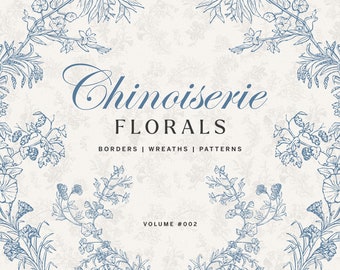Vintage Chinoiserie Floral Clipart PNG and SVG Bundle, Botanical Wreaths and Borders for Wedding Invites, Patterns, Branding and Packaging