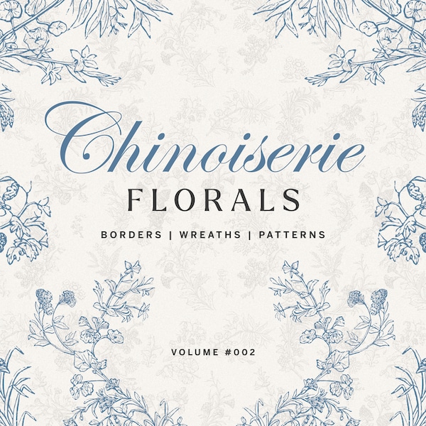 Vintage Chinoiserie Floral Clipart PNG and SVG Bundle, Botanical Wreaths and Borders for Wedding Invites, Patterns, Branding and Packaging