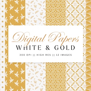 White and Gold Digital Paper Set, Seamless Pattern Background Textures, Digital Golden Printable Papers | Century Library
