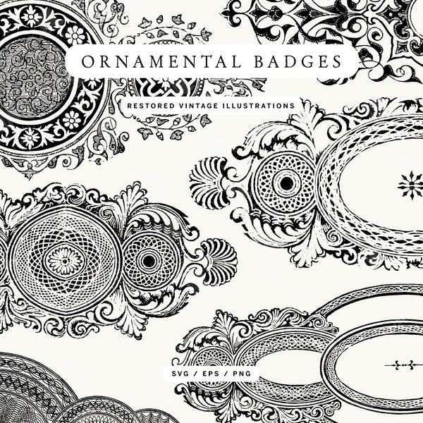 Ornamental Badge and Label Designs SVG, PNG, and EPS - Decorative Vintage Line Art Illustrations