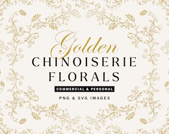 Gold Chinoiserie Floral Clipart PNG Pack, Rustic Wreath Illustrations for Wedding Invitations, Patterns, Branding, Packaging and more!