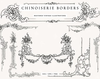 Chinoiserie Style Frames and Borders Perfect Wedding Invitations - Ornate Vintage Design Assets in Vector EPS, SVG and PNG Formats