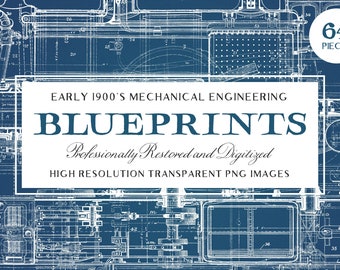 64 Vintage Mechanical Blueprints (Super High Resolution Textured Transparent PNG Backgrounds!)