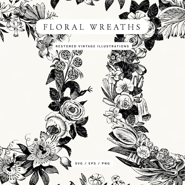 Rustic Chinoiserie Floral Wedding Wreath Illustrations - SVG, EPS, and PNG Formats