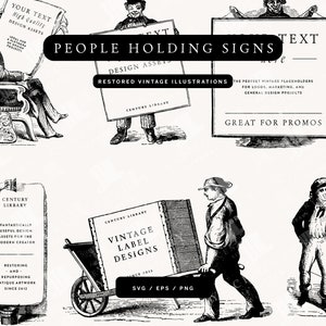 Clipart mit Menschen, die Schilder für Marketing und Werbedesign-Projekte halten - Dekorative Vintage Line Art Illustrationen