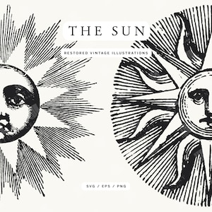 レトロなタトゥー風の太陽と光線と顔の SVG 線画イラスト - 2 枚セット