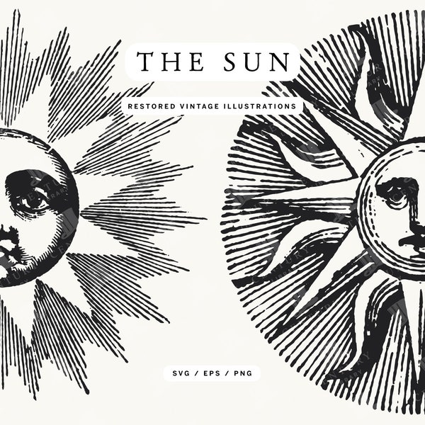 Retro Tattoo Styled Sun with Rays and Face SVG Line Art Illustrations - Set of 2