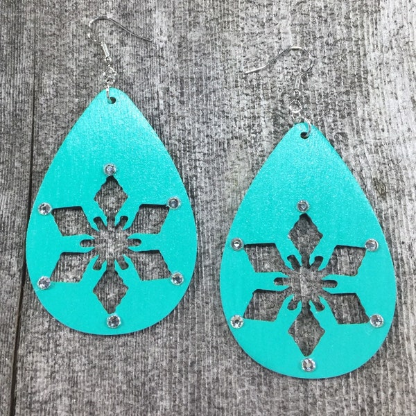 Hand painted, Wood earrings, Teardrop Earrings, Snowflakes, Snow, Rustic Earrings, Boho Earrings, Winter, Christmas, Swarovski, Aqua