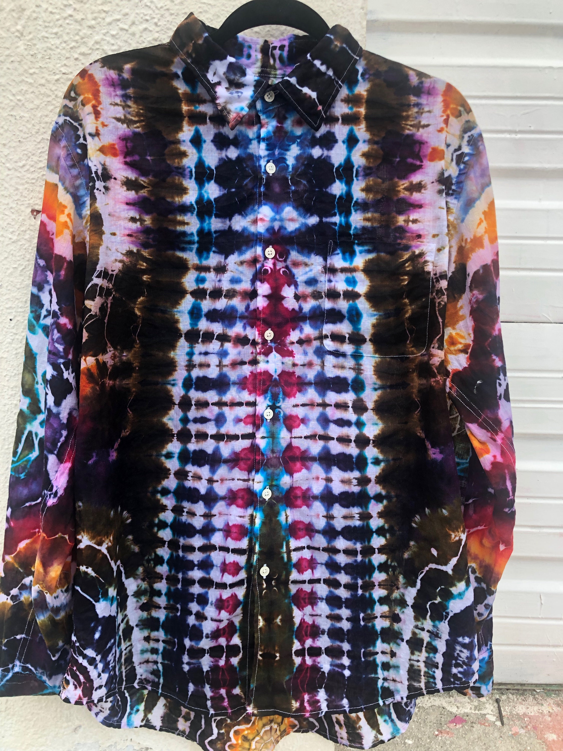 Men's Linen Long Sleeve Tie Dyed Shirt XL Etsy