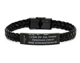 Filipperbrevet 4:13, Jag förmår allt, Bibelversarmband, Flätat läderarmband, Graverat budskap, Inspirerande smycken, Kristen