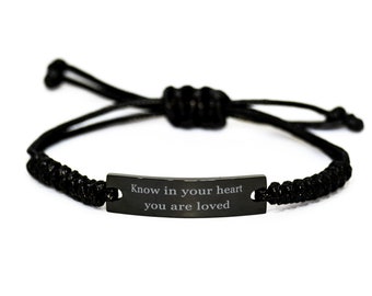 Inspirational Bracelet,black Rope Bracelet,know In Your Heart You Are Loved,inspirational Jewelry,motivational Jewelry,best Friend Gift