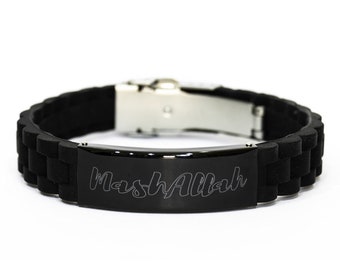 Mashallah, bracelet noir à fermoir Glidelock, vers islamique, versets coraniques, citation d’allah, cadeau musulman, bracelet islamique, citation inspirée musulmane