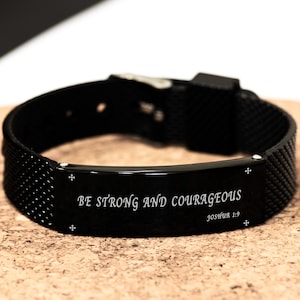 Pulsera de malla de tiburón negro con versículo bíblico, Josué 1:9 &quot;Sé fuerte y valiente&quot;, pulsera inspiradora, cita de inspiración cristiana