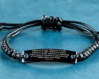 bible Verse Bracelet,black Rope Bracelet,philippians 4:8,whatever Is True Whatever Is Noble,christian Bracelet,religious
