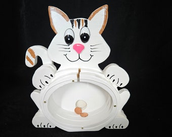 Cat Bank made from solid wood, painted white, and browm with a pink nose