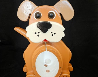 Big Big Dog Piggy Bank made from solid wood in brown and white