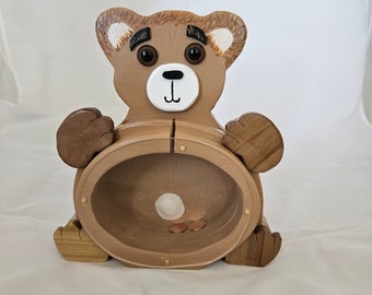Teddy Bear Kids Bank in light and dark brown made from solid wood