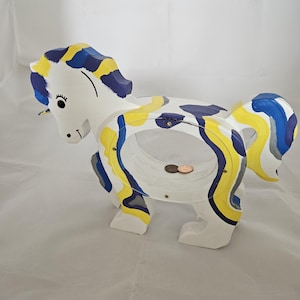 Unicorn bank made from solid wood, in white yellow, silver and gray