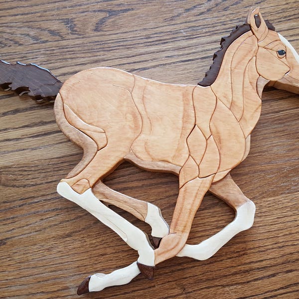 Running Colt Intarsia Wall Hanging, Horse is light brown with white legs and dark brown mane