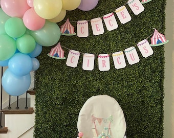 May include: A pink and white circus themed birthday party backdrop with a balloon arch in pastel colors, a banner that reads "Cece's Circus", and a high chair with a cake decorated with a circus tent and a number one.