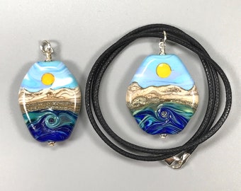 Lampwork Glass Bead Necklace w Sterling Silver - Blue Green Ocean Sun (Artist’s Choice)