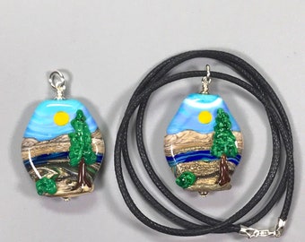 Lampwork Glass Bead Pendant / 18” Necklace w Sterling Silver : Sun & Tree Landscape - Mountain, River, Evergreen Scene - Artist’s Choice
