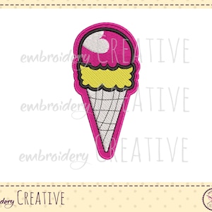 Könnte beinhalten: Ein rosa und gelber Eiswaffel mit einem weißen Strudel oben. Die Waffel ist schwarz umrandet.
